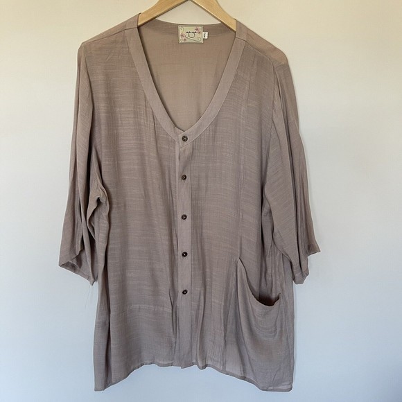 Gaya Silk Cotton Beige Button Down Tunic Asymmetrical Top M/L - Picture 1 of 5